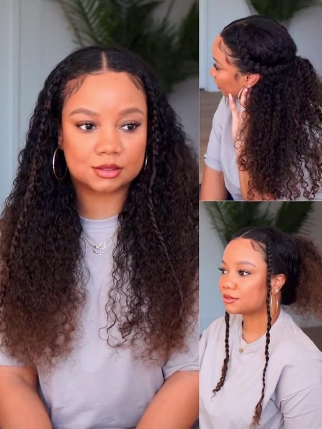 YIROO EasiContour V Part Ombre Brown Human Hair Wig Curly 12A Glueless Upgrade U Part Wig Ombre Black to Chestnut Brown No Leave Out V Shape Clip Wigs Ready to Go 150% Density Beginner Friendly 16Inch