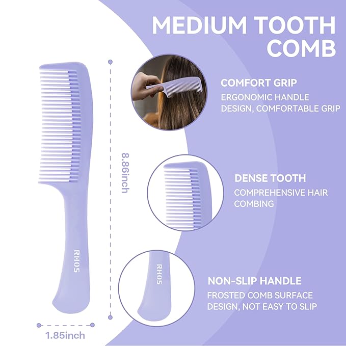 RHOS Hair Comb Set for All Hair Types and Genders - Wide, Fine Rat Tail, and Medium Detangling Combs for Styling (Purple)