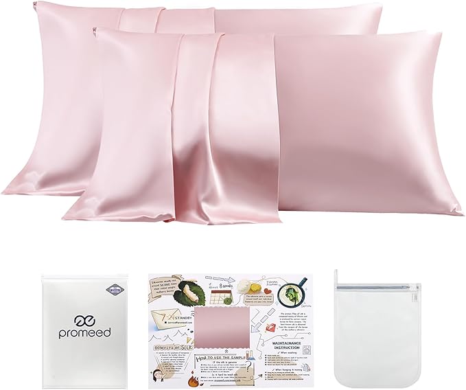 PROMEED 23 Momme Silk Pillowcase 2 Pack, Both Sides 100% 23 Momme Mulberry Silk Pillow Case Set of 2, Hidden Zipper Closure for Easy Set (Queen 20"x30", Pink)