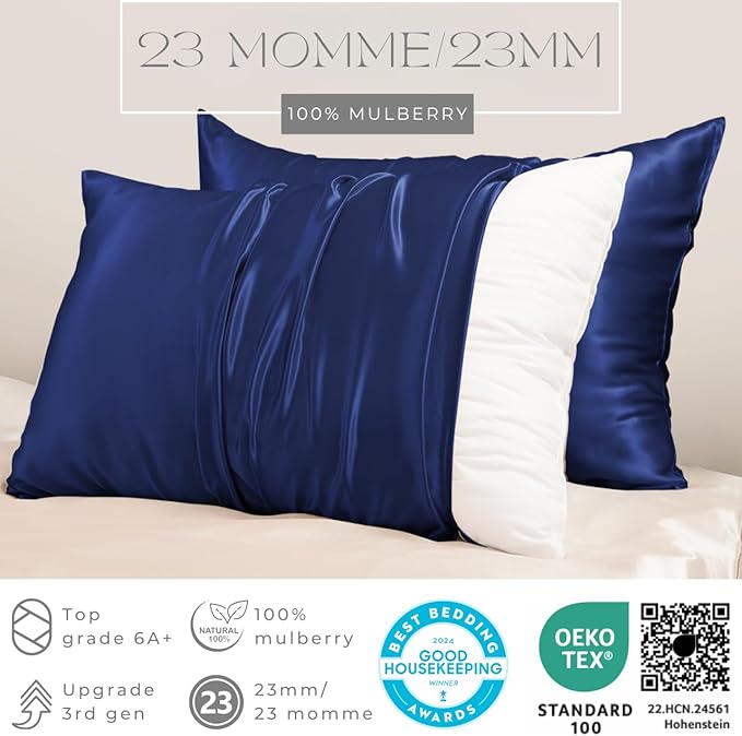 PROMEED 23 Momme Silk Pillowcase 2 Pack with Zipper, 3rd Gen Grade 6A+ 100% Mulberry Silk Pillow Case Set of 2, Cooling Pillow Cases for Hot Sleepers (King 20"x36", Navy)