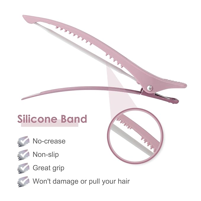 AIMIKE 4pcs Hair Clips for Styling: Sectioning No Crease Duck Billed Clips with Silicone Band, Salon Roller Clips for Women