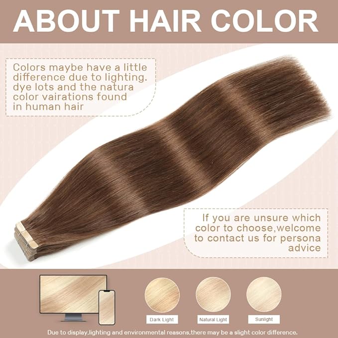 Tape in Hair Extensions Human Hair Chocolate Brown 22 Inch 20Pcs Tape Ins for Women Straight Invisible Seamless Remy