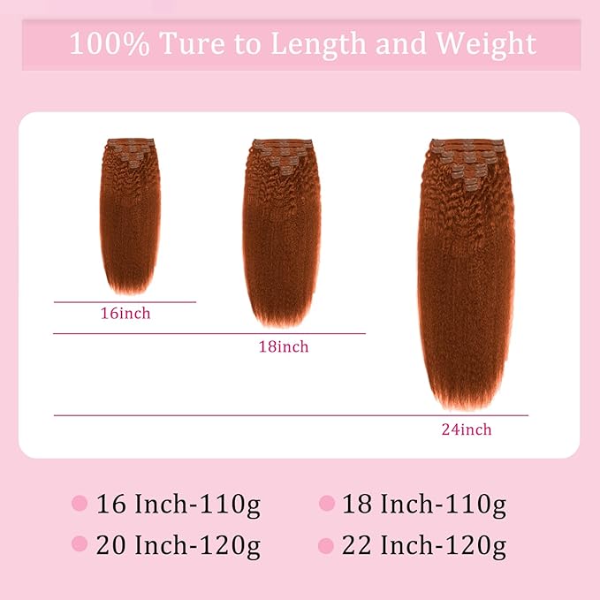 16inch 110g Clip in Hair Extensions Real Human Hair Copper Kinky Straight Clip Ins Seamless Natural and Soft Hair Clip on Hair Extensions for Women Thick End 8pcs 18Cips/pack