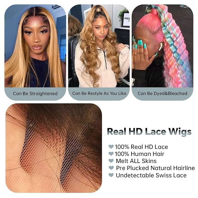 AMIRTY 200% density 13x6 Honey Blonde Lace Front Wigs Human Hair 13x6 Body Wave Lace Front Wig Human Hair Wigs for Women Ombre HD Transparent Lace Frontal Wig Pre Plucked with BabyHair 28inch