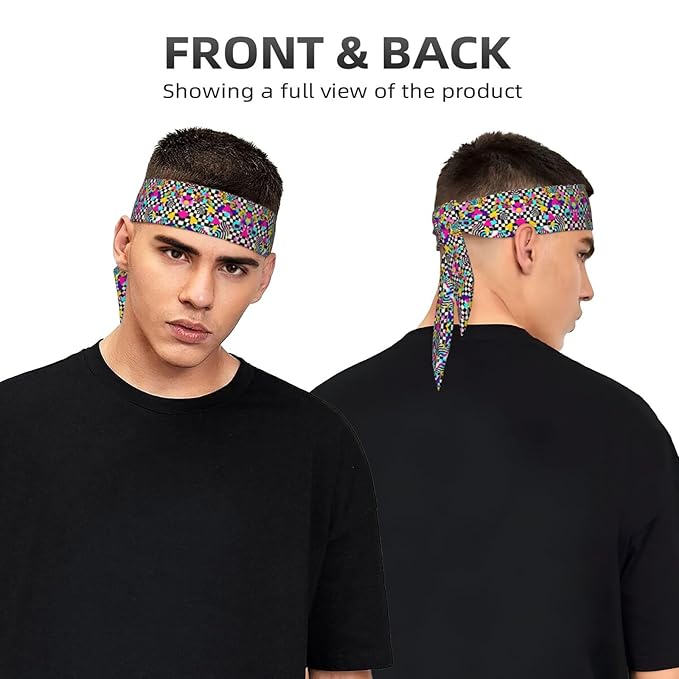 Men's Women Black And White Checkered Retro 80S 90S Sports Sweatbands Multipurpose Novelty Head Ribbon Headdress for Yoga Workout Shower