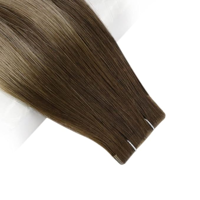 Full Shine Virgin Injection Tape in Hair Extensions Color 4 Brown Fading to 27 Blonde And 4 Injected Tape in Hair Extensins Machine Remy Seamless Tape in Extensions 18 Inch 12.5 Gram 5Pcs