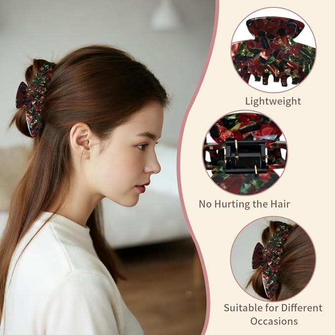 Large Hair Claw Clips, 4 Inch Strong Hold No Slip Grip Claws for Women - Premium Acetate French Clips for Thick or Thin Hair (Green & Red)