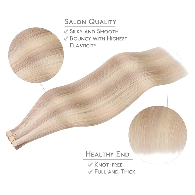 WENNALIFE Tape in Hair Extensions Human Hair, 20pcs 40g 12 inch Balayage Light Wheat Platinum Blonde Remy Hair Extensions Straight Human Hair Tape in Extensions Skin Weft Tape Extensions Human Hair