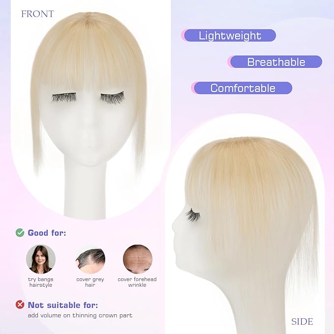 Hairro Clip On Bangs Human Hair Bangs Hair Clip In Bangs 3D 360°Cover Topper With Bangs Wispy Air Bangs Hair Pieces Fake Bangs For Women 8 Inches 10g #613 Light Blonde