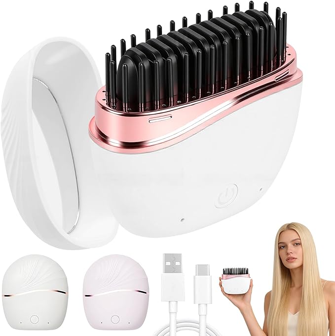 Mini Straightener, Rechargeable Portable Hair Straightener Comb, Fast Heating Hot Comb with Mirror, Wireless 2-in-1 Hairs Dressing Combs with 2 Adjustable Temperatures (White)