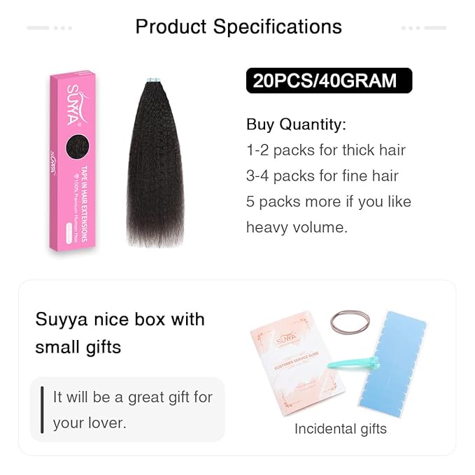 SUYYA Kinky Straight Natural Black Tape in Real Human Hair 16 Inch Skin Weft 40g/Pack 20PCS Tape in Extensions for Women (#1B Natural Black)