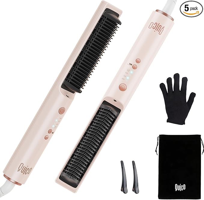 Quico Hair Straightener Brush, Ionic Straightening Brush for Women, Ceramic Travel Hair Straightener Comb, Electric Hot Comb Flat Iron, 100-240V Dual Voltage, Auto Temp Lock & Auto-Off Function, Pink