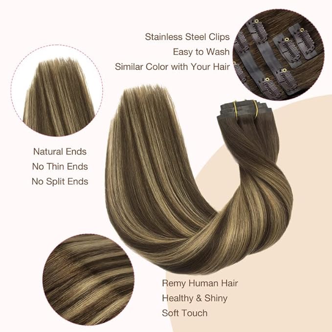 GOO GOO Clip in Hair Extensions Real Human Hair, Remy Human Hair Extensions Clip ins for Women, Natural Human Hair, 22inch 110g 7Pcs, 4/27/4 Balayage Chocolate Brown to Caramel Blonde
