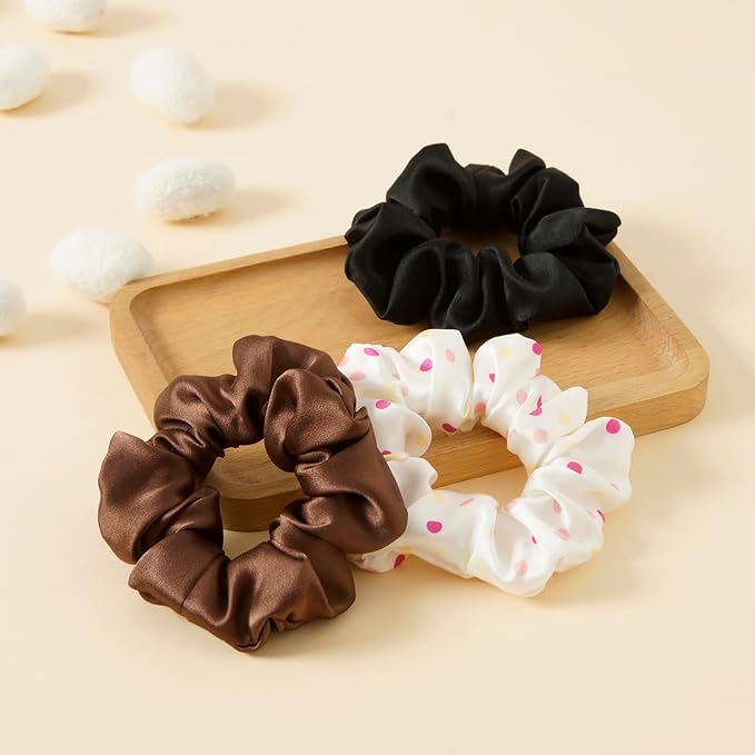 19Momme Silk Scrunchie Thick Hair Ties for Curly Hair, No Slip Hair Bands for Women, Vintage Satin Hair Accessories (Black,Polka dot,Brown)