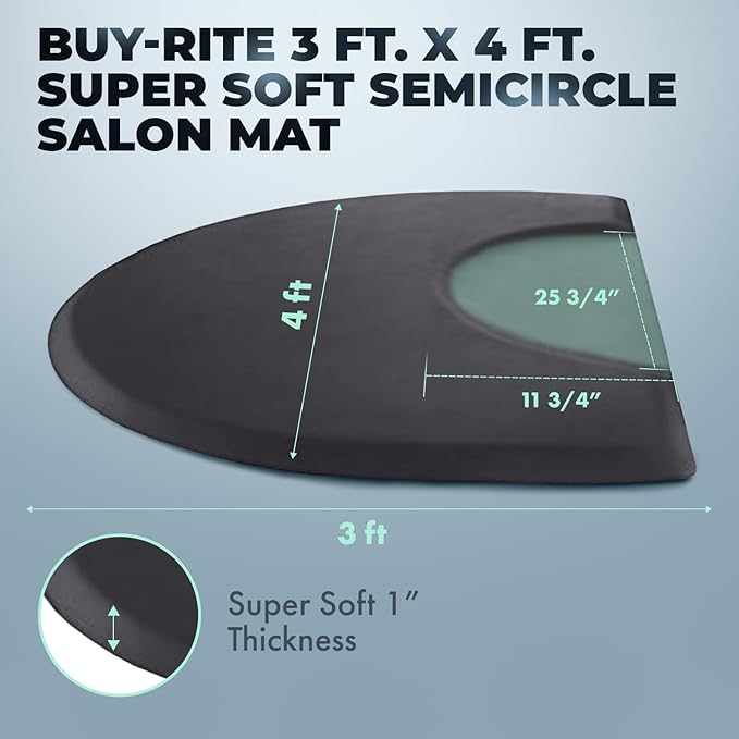 Buy-Rite 3' x 4' Extra-Thick 1" No-Fatigue Salon Floor Pad for Professional Salons & Barbershops, Super Soft Semicircle with Chair Indentation, Puncture-Proof, Anti-Fatigue Design, Black, SHP-SS3040C1