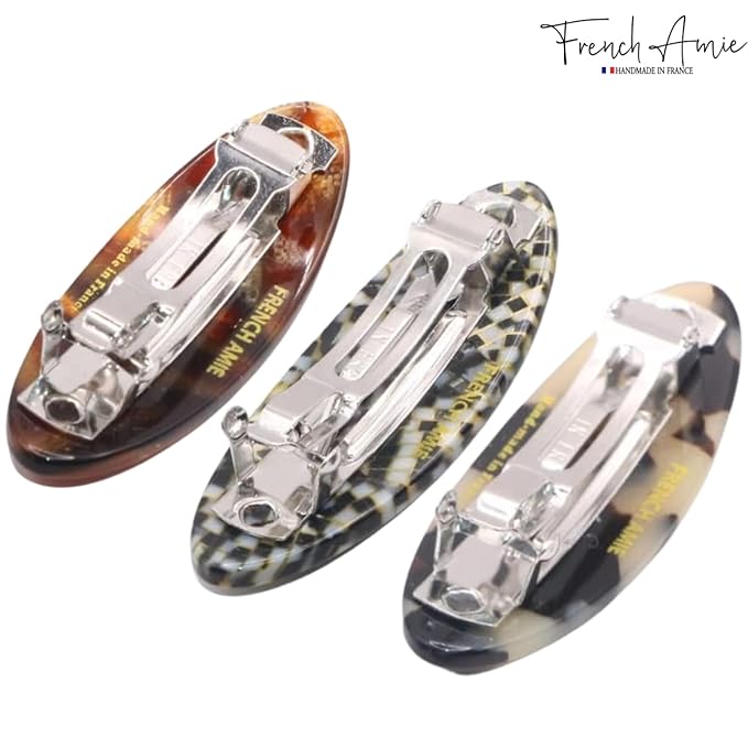 French Amie Oval Mini Opera White Tokyo Amber Brown Set of 3 Handmade Celluloid Hair Clip Barrette for Girls (2.5 inch)