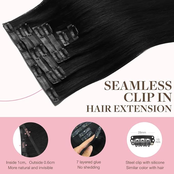 GOO GOO Clip in Hair Extensions Real Human Hair, Remy Human Hair Extensions Clip ins for Women, Natural Human Hair, 18inch 110g 7Pcs, 1 Jet black