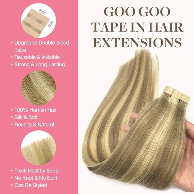 GOO GOO Tape in Hair Extensions Human Hair, 16/22 Light Blonde Highlighted Golden Blonde, 24inch 30g 10pcs, Skin Weft Seamless Invisible, Silky Straight with Thick Ends, Remy Human Hair