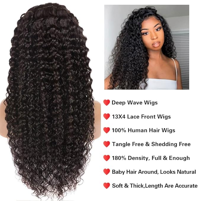 32 Inch Deep Wave Lace Front Wig Human Hair 13x4 Curly Wigs for Black Women Pre Plucked with Natural Baby Hair 180 Density Brazilian Virgin Lace Frontal Wet and Wavy Wig Human Hair