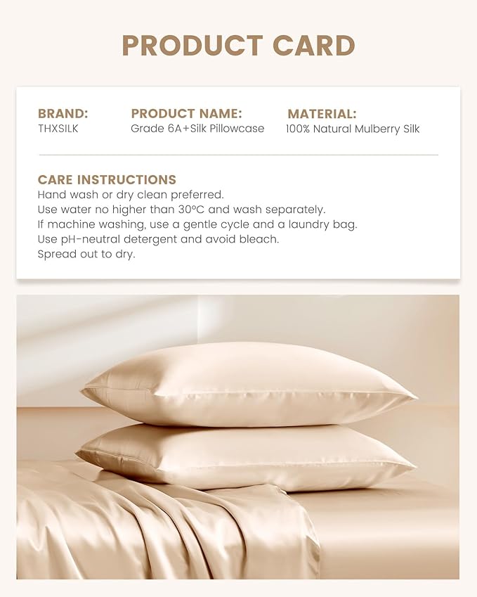 THXSILK 100% Mulberry Silk Pillowcase for Hair and Skin, Grade 6A+ Mulberry Silk Pillow Case, Natural Mulberry Silk Pillow Case with Zipper (California King Size 20"x40", Beige, 1pc)