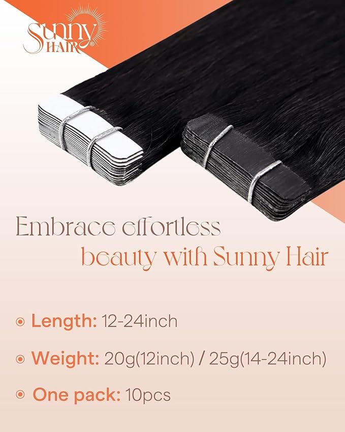 Sunny Hair Tape in Hair Extensions Real Human Hair Invisible Remy Hair Extensions Tape ins for Women Jet Black 16 inch 25G