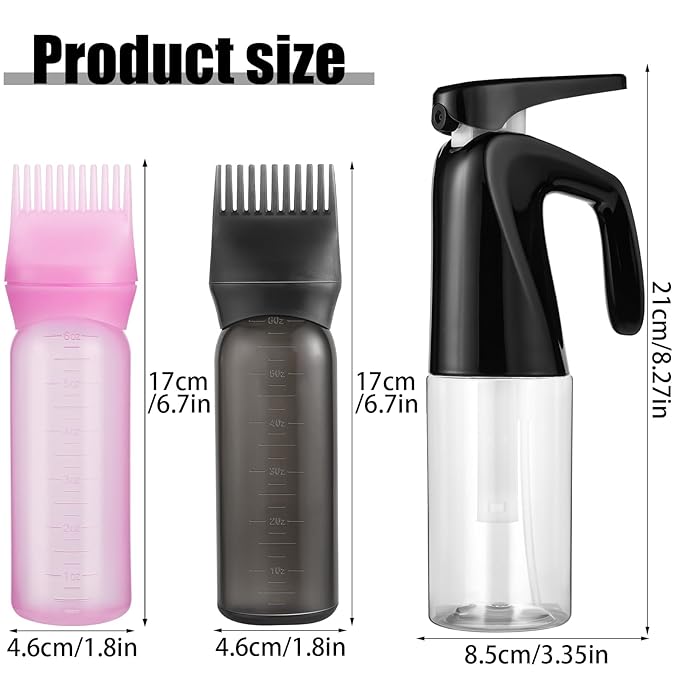 Pimoys 3 PCS Root Comb Applicator Bottle and Continuous Hair Spray Bottle, Hair Oil Applicator Hair Water Mister Oiling Applicator for Dye Hairstyling