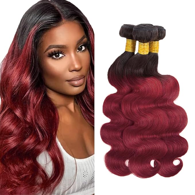 Ombre Bundles Human Hair Burgundy Body Wave Bundles 26 28 30 Inch Niegmeag Double Weft 2 Tone Black and Red Body Wave Bundle 1B99J Color 150g