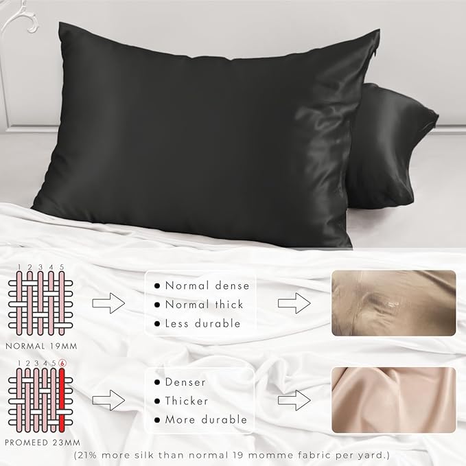 PROMEED 100% Mulberry Silk Pillowcase Set of 2, 23 Momme 3rd Gen Grade 6A+ 100% Mulberry Silk Pillow Cases 2 Pack, Real Silk Pillow Cover for Acne Prone Skin (King 20"x36", Black)