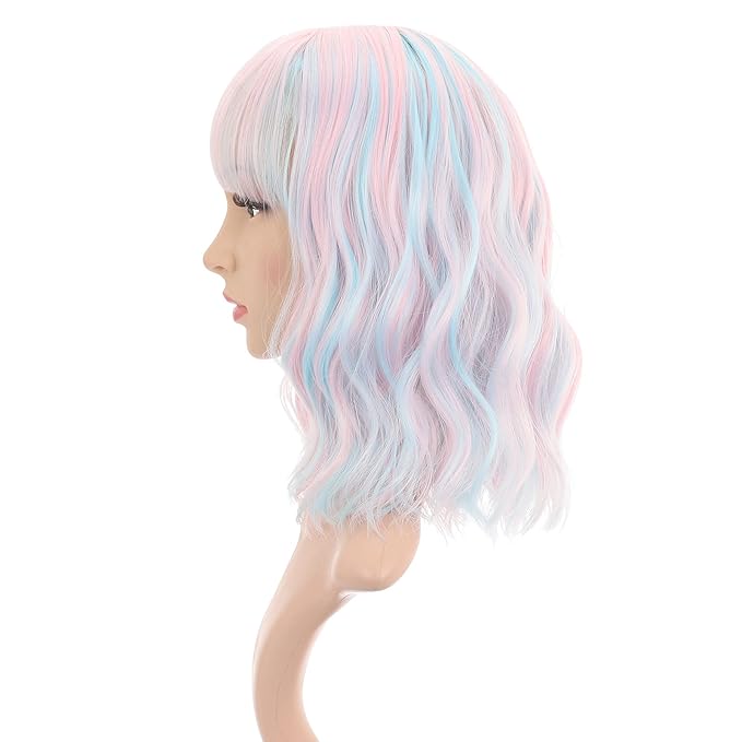 FAELBATY Mix Pink Wave Bob Wigs With Bangs Synthetic Cosplay Wig for Girl Shoulder Length Wig for Women Costume Wigs Candy Color(12" Mixed Blue Pink)