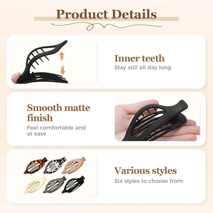 Flat Hair Clips for Women, French Hair Claw Clips for Thick, Thin, Long & Short Hair, Duck Billed Clips, No-Slip Grip Hair Styling Accessories for Women Girls Daily Use (Leopard 6PCS)
