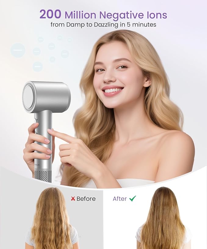 Hair Dryer, Ionic High Speed Blow Dryer with Diffuser Nozzle for Fast Drying, 2 Speeds & 4 Temps, Professional Compact Lightweight Hairdryer for Women Men Travel