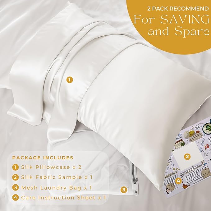 PROMEED White Silk Pillowcase 2 Pack for Hair and Skin, Both Sides 100% 23 Momme Mulberry Silk Pillow Case Set of 2 with Hidden Zipper, Soft and Breathable (Standard 20"x26", White)