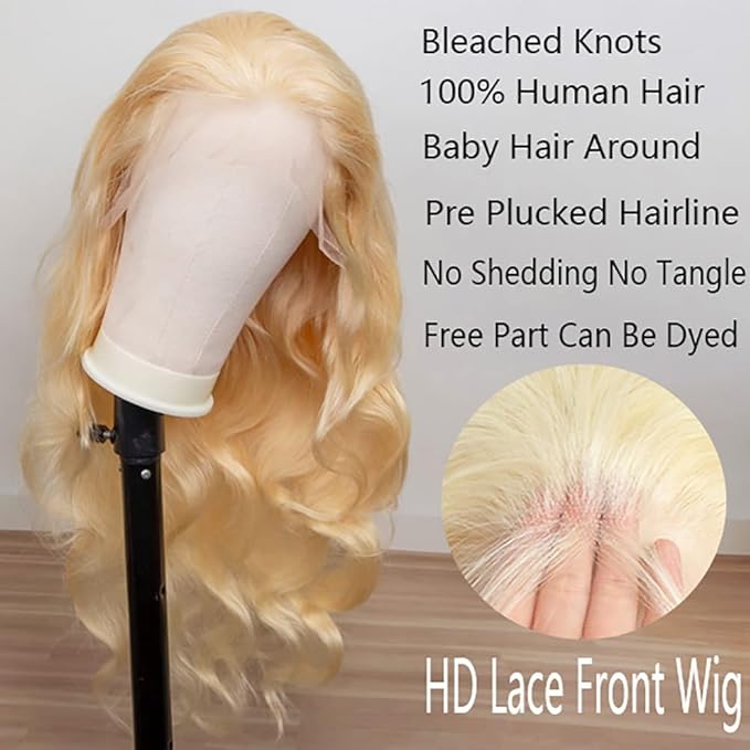 613 Blonde Human Hair Wigs 13X6 HD Transparent Lace Front Body Wave Wigs with Baby Hair for Black Women Pre Plucked Brazilian Virgin Hair Wig 180% Density 26 Inch