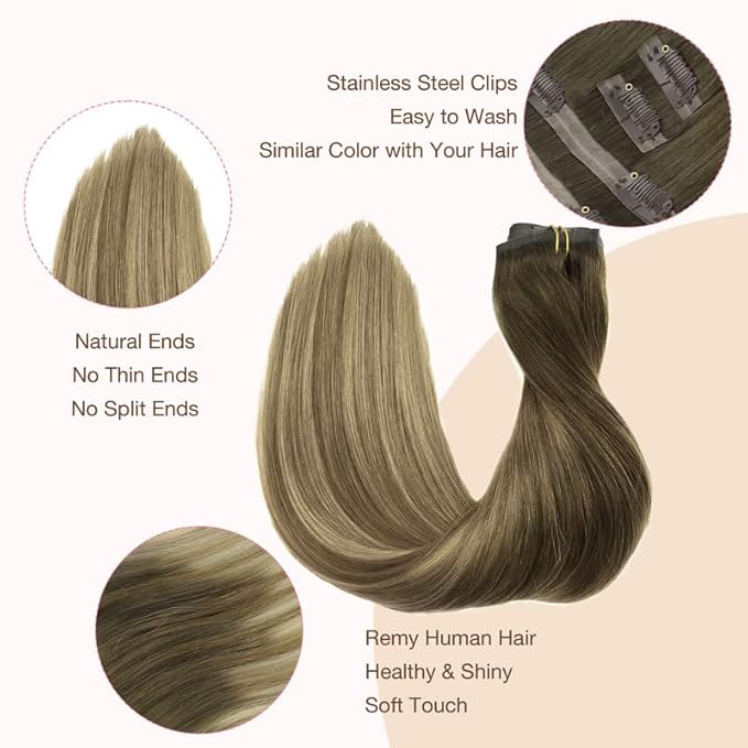 GOO GOO Clip in Hair Extensions Real Human Hair, Remy Human Hair Extensions Clip ins for Women, Natural Human Hair, 14inch 110g 7Pcs, 3/8/613 Balayage Walnut Brown to Ash Brown and Bleach Blonde