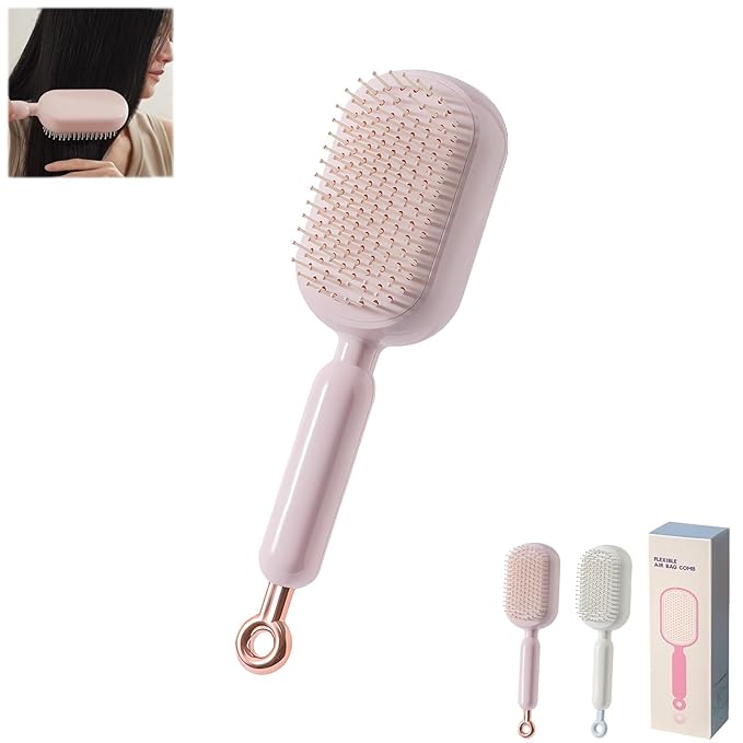 Retractable Cushion Massage Comb Brush, Pull Ring Cushion Massage Brush, Anti-Static Easy-Clean Massage Comb, Portable Travel, Smooth Clean Detangling Comb for All Hair Types(Pink)