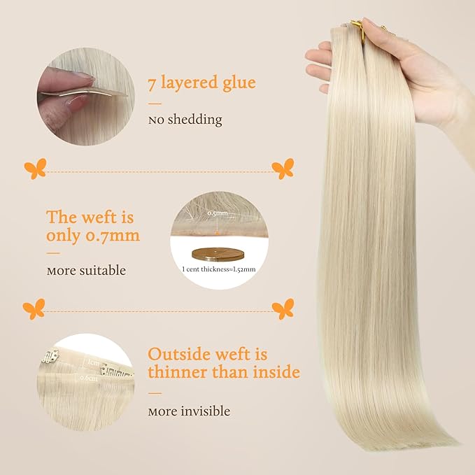 DOORES Seamless Clip in Human Hair Extensions - Platinum Blonde, 24 Inch, 7pcs 120g - Remy Straight Hair With Invisi Edge