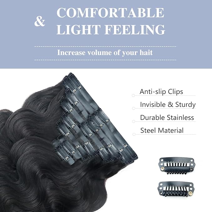 2 Pack 240g Body Wave Seamless Clip in Hair Extensions 16Pcs Full Head 15A Real Human Hair Clip ins with PU Skin Weft 20inch Natural Black