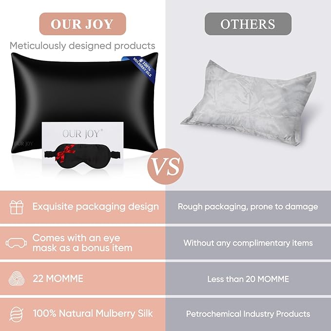 100% Mulberry Silk Pillowcase 22 Momme (SGS Certified) with Free Silk Eye Mask - Luxury Gift-Ready Folded Packaging, Cooling Pillow Cover for Hair & Skin Care (Black, Standard (1 Pack))