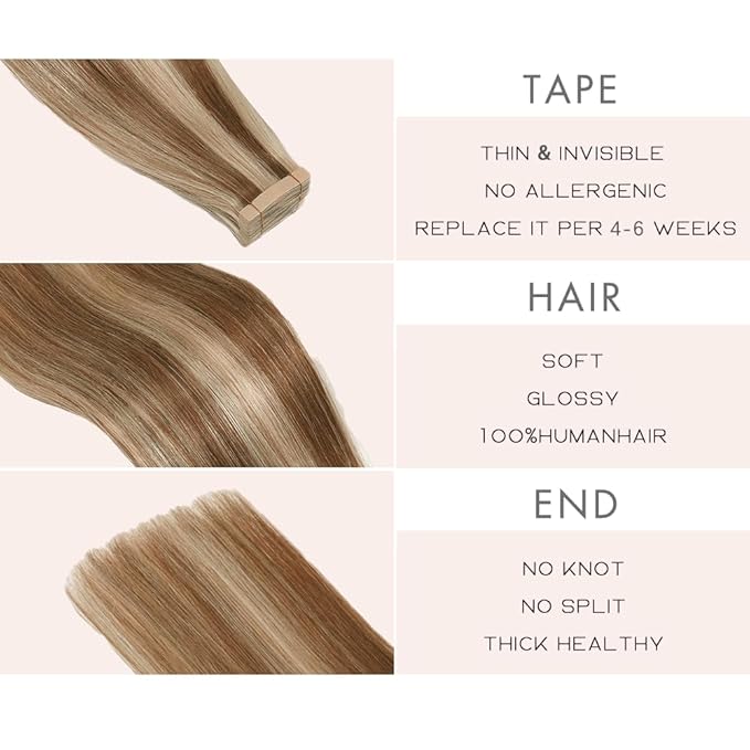 Human Hair Tape in Extensions Chestnut Brown to Blonde Highlight 22 Inch 20pcs Seamless Skin Weft Tape in Hair Extensions Straight Remy Hair Extensions Human Hair (P6/613#,22 Inch)