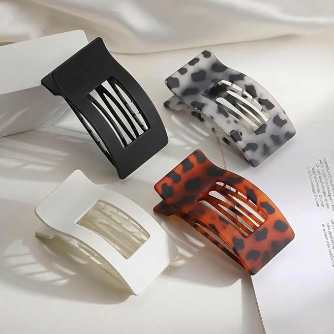4 PCS Medium Flat Hair Clips Claw for Women, Non-slip Rectangular Lay Down Hair Clip for Thick Thin Hair Comfortable Hair Accessories for Driving, Lying, Exercising, Leopard Tortoise Shell Pattern