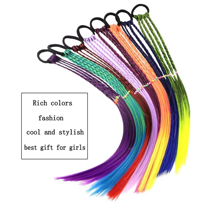 Colored Braids Hair Extensions with Rubber Bands Rainbow Braided Synthetic Hairpieces Ponytail Hair Accessories for Women Kids Girls Party Highlights Cosplay Dress Up (8PCS D Style)