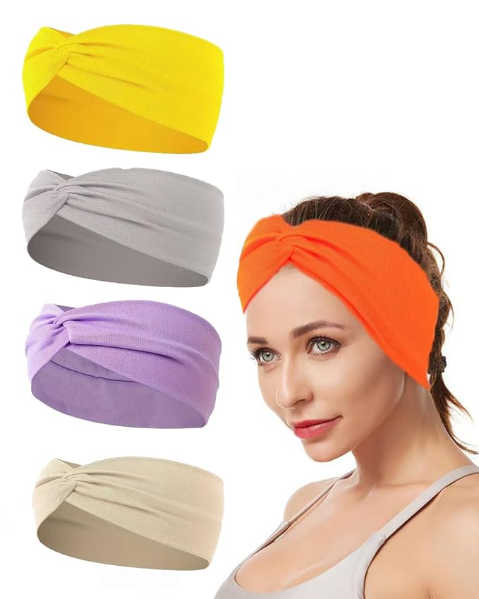 10 Pcs Wide Absorbent Sport Headbands for Women, Non-Slip, Stretchy, Soft Cotton Twist Knotted Hair Bands for Daily Workout Yoga Running Sports (Dark Brown, Light Pink)