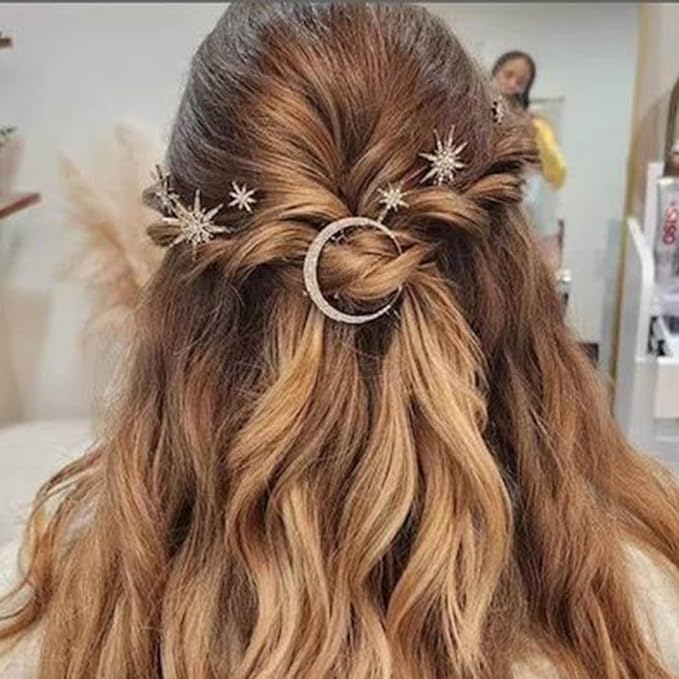 BARTOSI Moon Star Hair Clips Sparkly Rhinestone Hair Pins Vintage Bobby Pins Celestial Hair Accessories for Women and Girls (Pack of 3) (Bronze)