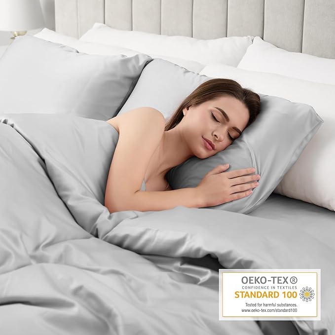 Lirex Satin Pillowcase 2-Pack, Queen Size Satin Pillowcase Soft Solid Color Microfiber, Wrinkle Free Fade Resistant Breathable, Light Gray