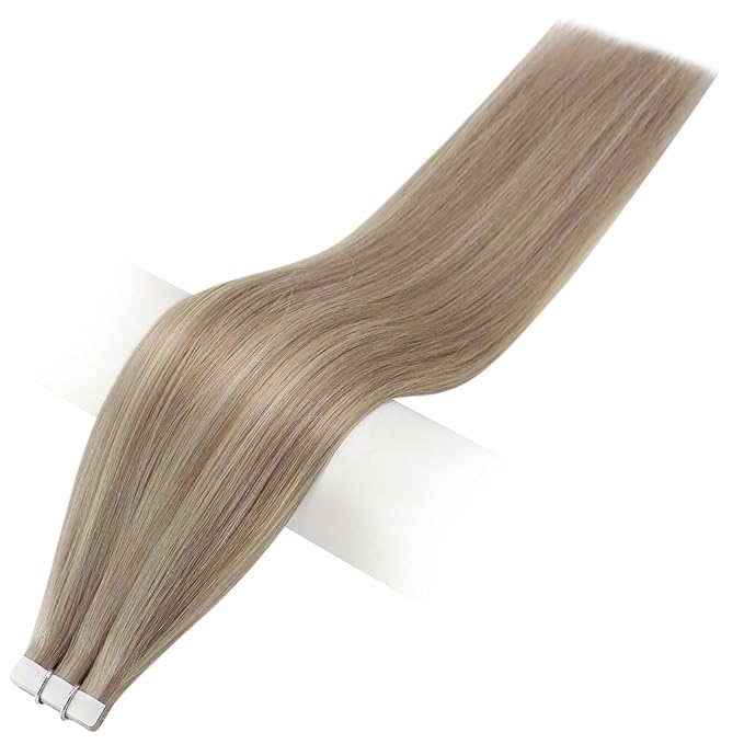 Full Shine Straight Human Hair Extensions Tape in 18Inch Seamless Hair Extensions Real Human Hair Highlighted Hair Extensions Ash Blonde with Platinum 20Pcs 50Grams Add Volume Remy Hair Extensions
