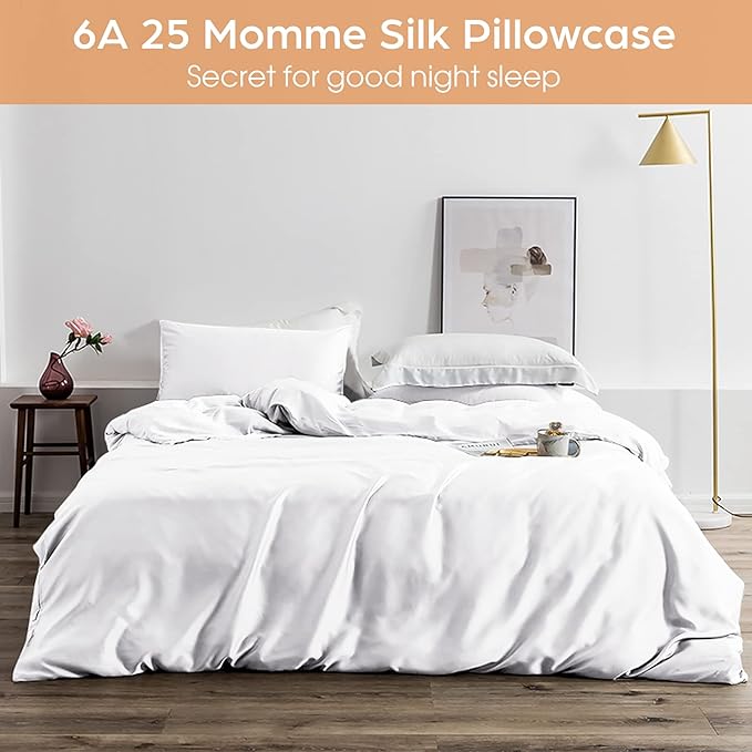 Silk Pillowcase for Hair and Skin, 2 Pack 100% Mulberry Silk Pillowcase 25 Momme, 600 Thread Count, Both Side Pure Silk Pillow Cover with Hidden Zipper (White, Standard 20''×26'')
