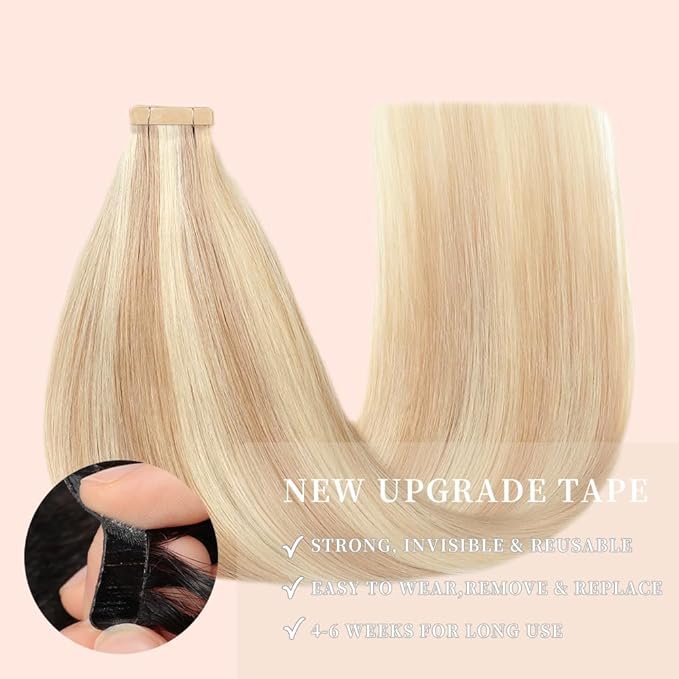 Human Hair Tape in Extensions Ash Blonde Highlighted Bleach Blonde 16 Inch 20pcs Tape in Hair Extensions Straight Double Sided Remy Invisible Tape in Hair Extensions Human Hair (P18K/60#,16 Inch)