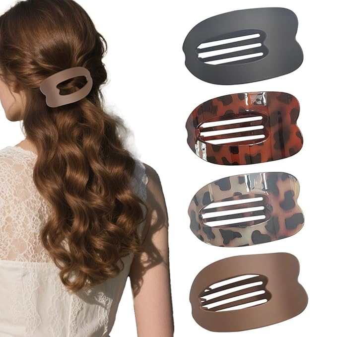 Large Flat Hair Clips Oval Claw Clips for Women Girls Thick Medium Thin Hair 4 Pcs Strong Hold Barrettes Duckbill Hair Accessories Leopard Tortoise Shell Matte Solid Neutral Color (4pc mix -5)