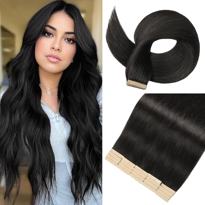 Tape in Hair Extensions Human Hair 16 Inch 20pcs Invisible Tape ins Hair Extensions Real Human Hair Natural Black Remy Seamless Injected Tape Extensions
