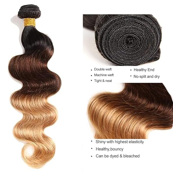 26 28 30 Inch Ombre Body Wave Bundles 4/27 Human Hair Bundle Niegmeag Brazilian Virgin Remy Hair Extensions 3 Tone Brown and Honey Blonde Body Wave Bundles 300g